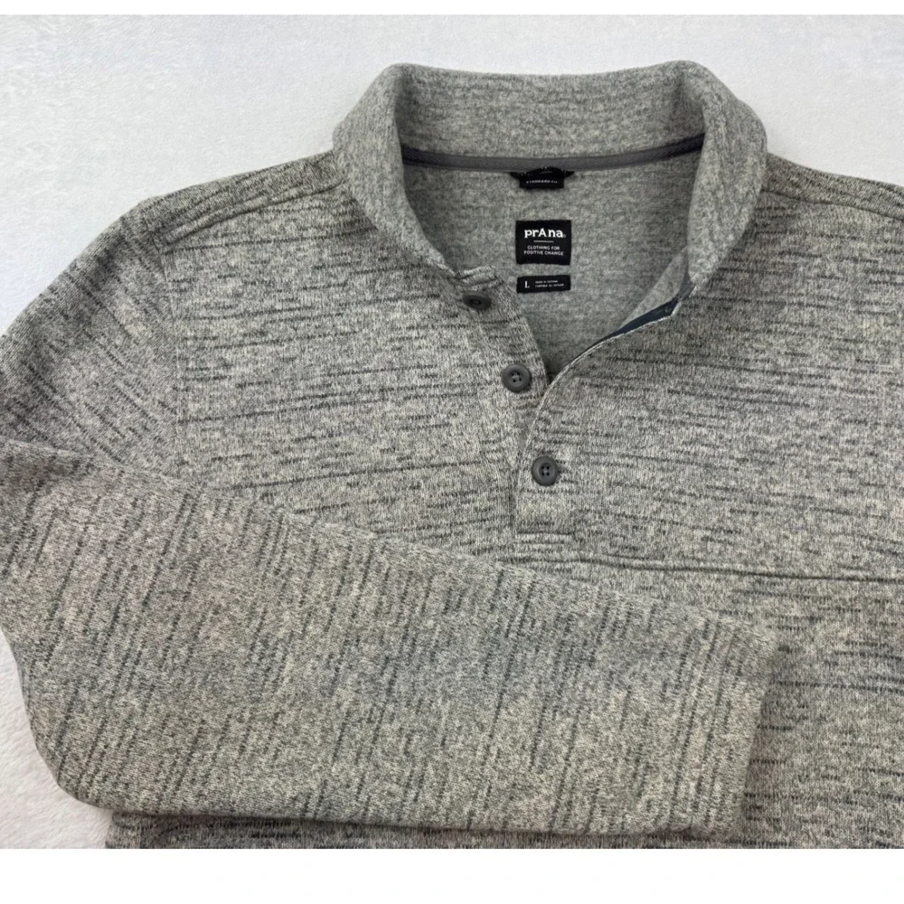 Prana Polartec Fleece Pullover Men Large Grey Heathered Button Mock Neck Sweater